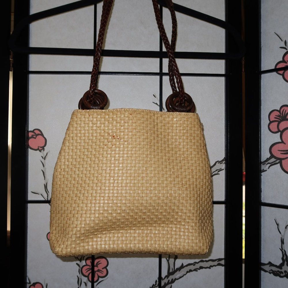 Neiman Marcus Tan Woven Straw Handbag Featuring Braided Brown Shoulder Straps.
